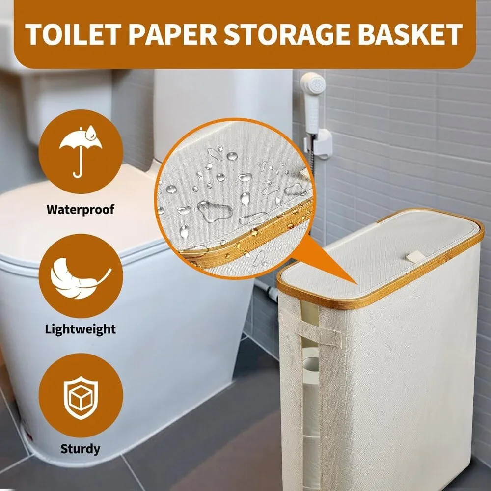Bathroom Toilet Paper Storage Basket, Container w/ Lid 12 Mega Rolls Collapsible